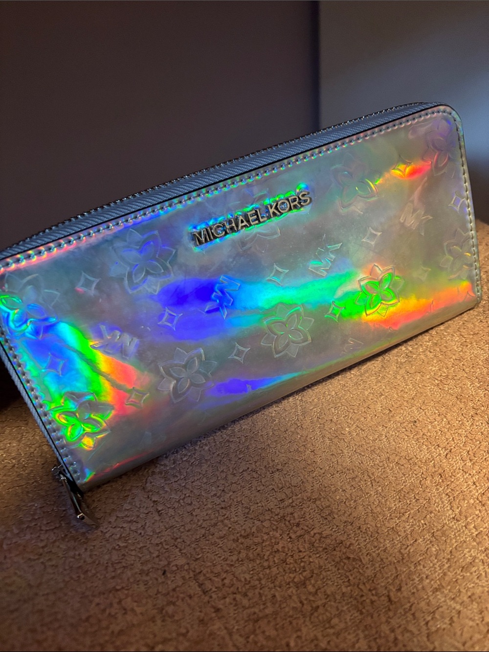 Michael Kors Holographic Iridescent Zip Wallet with Floral Monogram